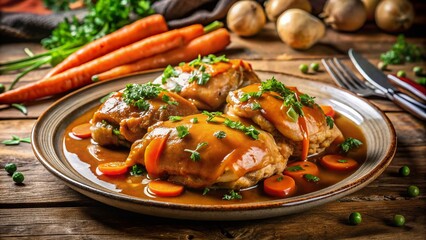 Comfort Food Delight: A Delicious Plate of Chicken and Gravy with Carrots on a Rustic Kitchen Counter or Restaurant Table, Perfect for Food Lovers and Culinary Enthusiasts