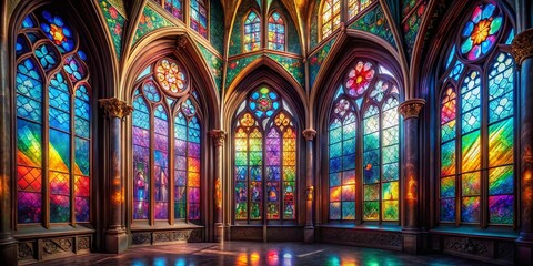 Fototapeta premium Colorful Watercolor Stained Glass in Gothic Cathedral Architecture with Decorative Medieval Windows Illuminating Light Patterns