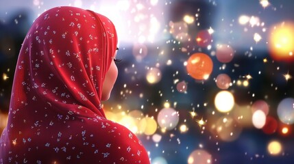 Woman in Red Hijab Surrounded by Blurred Lights and Sparkles
