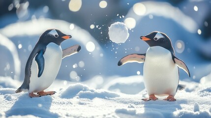 Fototapeta premium A lighthearted moment of a penguin throwing a snowball at its companion in a bright, snowy winter setting