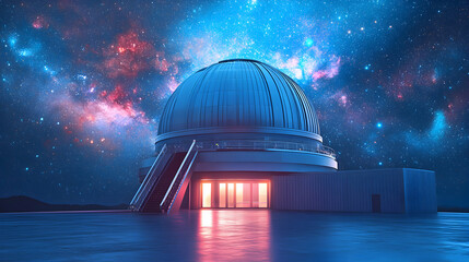Fototapeta premium Modern observatory under a vibrant night sky filled with stars and nebulae. Ideal for science, astronomy, and exploration themes.