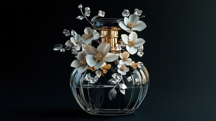 A luxury perfume bottle adorned with floral decorations, elegantly displayed on a black background with ample copy space