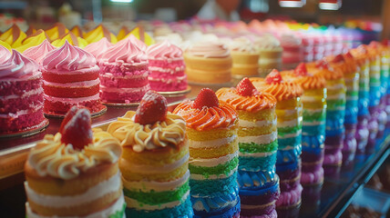 Vibrant Rainbow Cakes: A display of rainbow-colored cakes and pastries in a bakery, representing love, inclusivity, and pride.