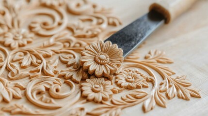 Intricate Wood Carving Design with Tool and Floral Patterns