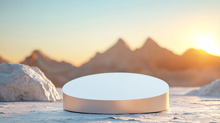 Stunning mockup podium against breathtaking mountain landscape at sunrise for showcase events