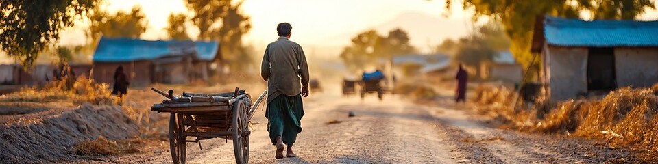 Naklejka premium A male figure walks along a dusty village road at sunset, pulling a cart behind him.