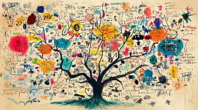 Creating a handdrawn mind map of creative ideas in a digital workspace for innovative overlay design