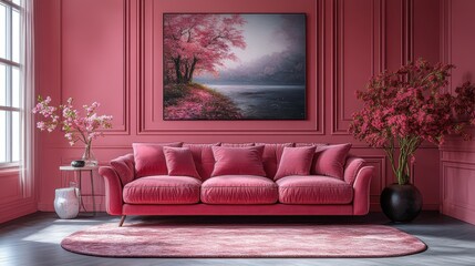 Obraz premium A beautifully arranged living room features an elegant pink sofa, vibrant floral artwork, and matching decor for a harmonious feminine ambiance.