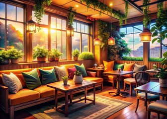 Cozy Anime Café Interior with Lofi Aesthetic, Warm Lighting, and Comfortable Vibes – Ideal Relaxation Spot for Phone Backgrounds and Chill Moments