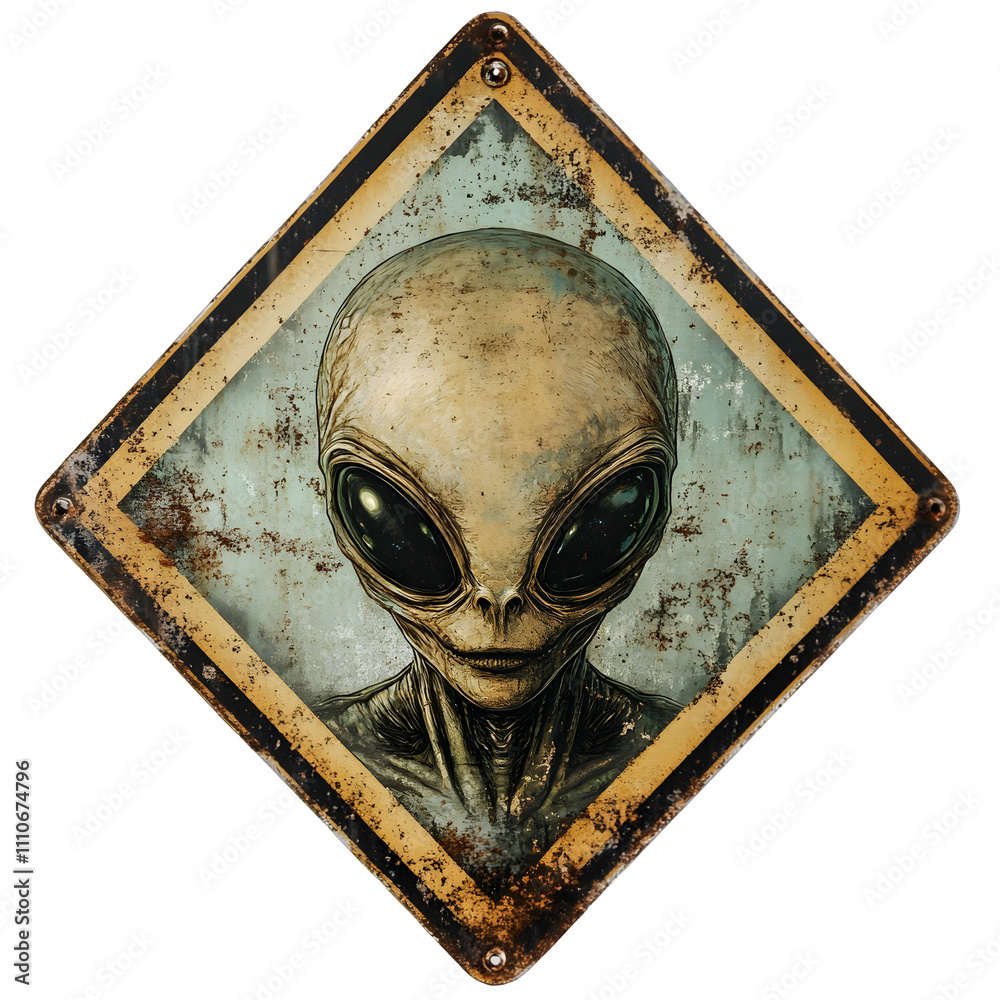 Poster mysterious extraterrestrial figure displayed on a grunge road sign against a transparent background,