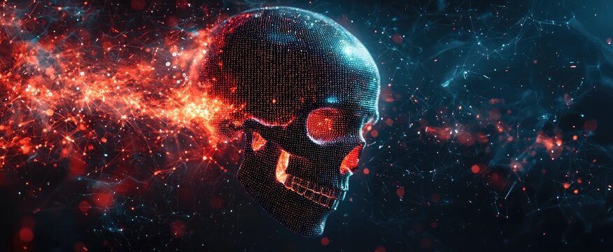Futuristic skull with glowing binary code and digital sparks