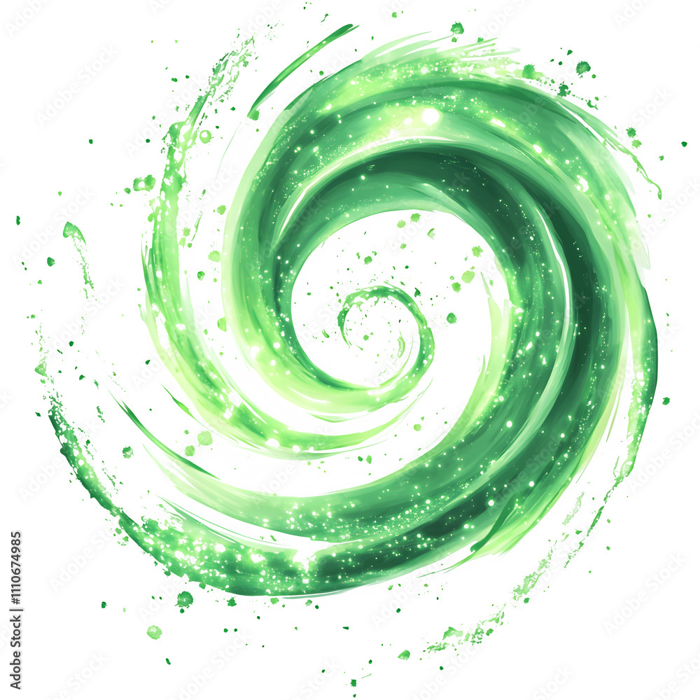 Poster capturing vibrant energy and motion: a stunning green paint stroke swirls and rotates to create a da