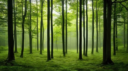 Naklejka premium A peaceful view of a dark green forest with straight tree trunks and soft white mist covering the background