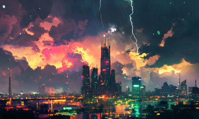 Obraz premium Futuristic city skyline during a dramatic thunderstorm with vibrant lightning strikes and rain.