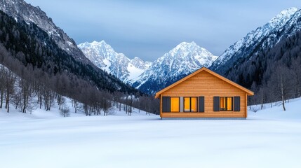 Cozy Wooden Cabin Surrounded by Snowy Alps at Dusk