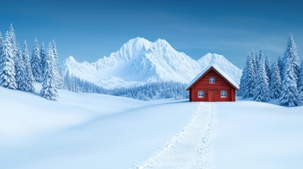 Cozy Red Cabin in Stunning Winter Landscape with Snowy Mountains