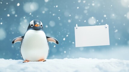 Obraz premium A penguin holding an empty banner in a snowy setting, with snowflakes drifting down and an inviting winter atmosphere