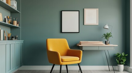 Cozy Home Office Interior with Yellow Chair and Green Wall