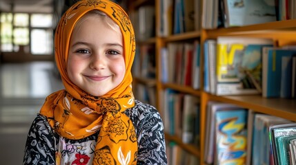 Happy Child in Colorful Scarf Smiling in Library Setting