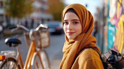 Young woman in brown hijab smiles in urban setting with bicycle
