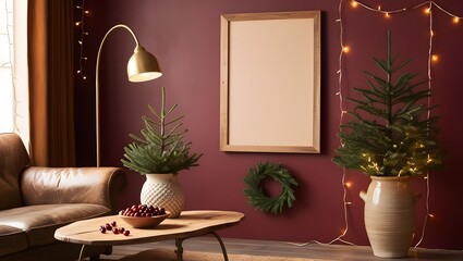 Frame mockup, Living room wall poster mockup. Interior mockup with house background. Modern interior design for Christmas