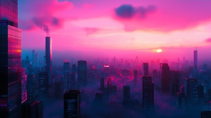 Fototapeta premium A breathtaking skyline at dawn, showcasing futuristic architecture under a vibrant pink and purple sky with clouds and mist.