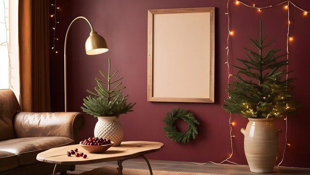 Frame mockup, Living room wall poster mockup. Interior mockup with house background. Modern interior design for Christmas