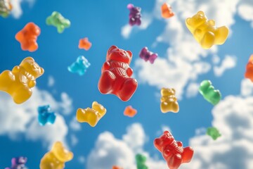 Colorful gummy bears floating in the sky