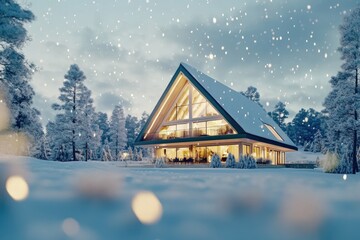 Modern A Frame House Winter Snow Landscape