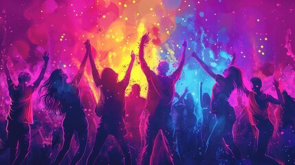 A vibrant, colorful party scene with people dancing joyfully under bright lights, creating an energetic and festive atmosphere.