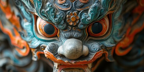 Fototapeta premium A close-up photograph showcases the intricate details of a lion mask sculpture, emphasizing its vibrant colors and ornate patterns, reflecting a rich cultural and artistic expression.
