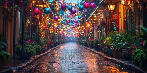 Vibrant and festive street adorned with colorful lights and decorations, creating a joyful...