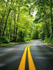 Obraz premium Two parallel yellow lines along an asphalt road, winding through a forested area, driving in the woods, forest landscapes, asphalt road, narrow country roads
