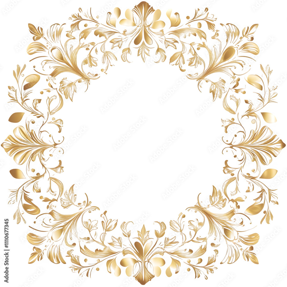 Poster elegant circular border with golden floral frame on transparent background, ideal for adding a luxur
