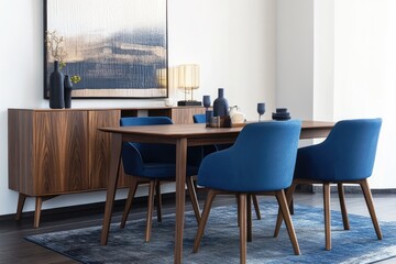 Fototapeta premium Modern Dining Room with Blue Chairs and Wooden Table