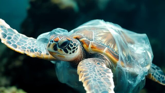 Sea turtle trapped in plastic underwater for environmental or ocean conservation-themed animations