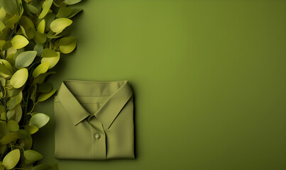 A neatly folded olive green shirt rests on a matching green background, accompanied by a sprig of leaves, creating a harmonious and minimalistic aesthetic.