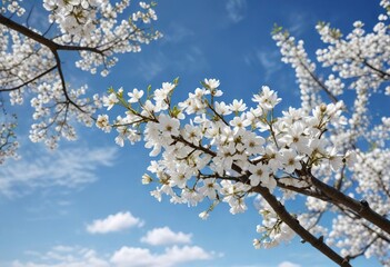 Obraz premium Blooming white cherry blossom tree against clear blue sky, sakura, bloom, cherry blossoms