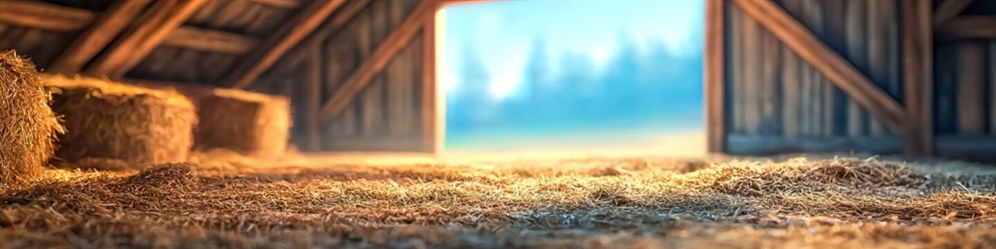 An inviting barn interior, with sunlight streaming through an open door and illuminating the hay-covered floor.