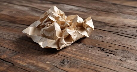 Close-up of crumpled paper on rustic wood surface, texture, empty