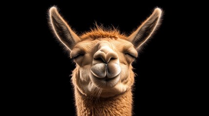 Obraz premium A close-up of a smiling llama against a black background, showcasing its playful expression.