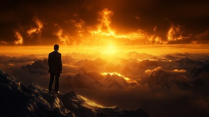Fototapeta premium A silhouetted figure gazes over a breathtaking sunset, symbolizing hope and reflection amidst majestic mountains.