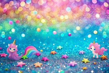 Cute Pink and Blue Glitter Sparkle Confetti Background for a Happy Birthday Party Invite Featuring Princesses, Rainbows, Unicorns, and Colorful Mermaids for Kids