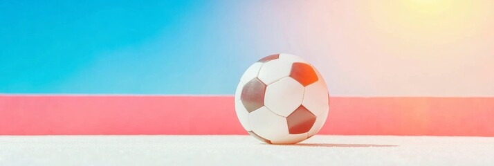 Naklejka premium Dramatic Focus on Football at Penalty Line Under Vibrant Sky