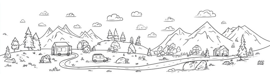 Scenic landscape with mountains, trees, and winding road featuring cars and a camper in a peaceful environment