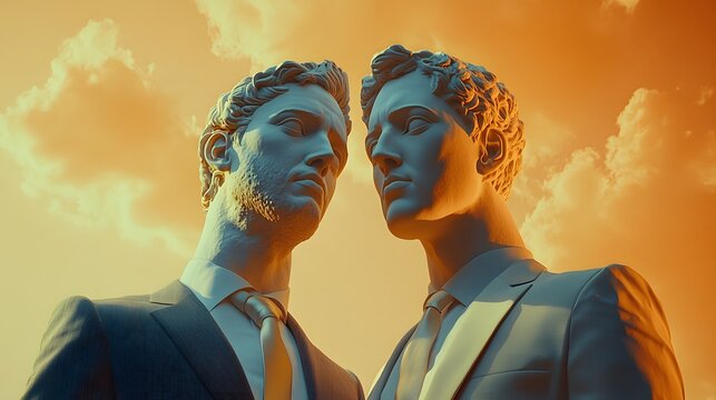 wo statues in suit under dramatic lighting symbolizing professional unity against a stormy orange sky