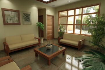 Fototapeta premium Serene Modern Living Room With Wooden Furnishings And Plants
