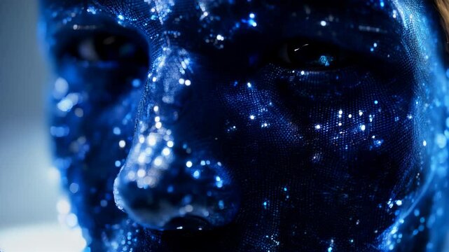 Blue digital face with glowing pixel grid in futuristic abstract close-up animation for sci-fi or technology-themed media