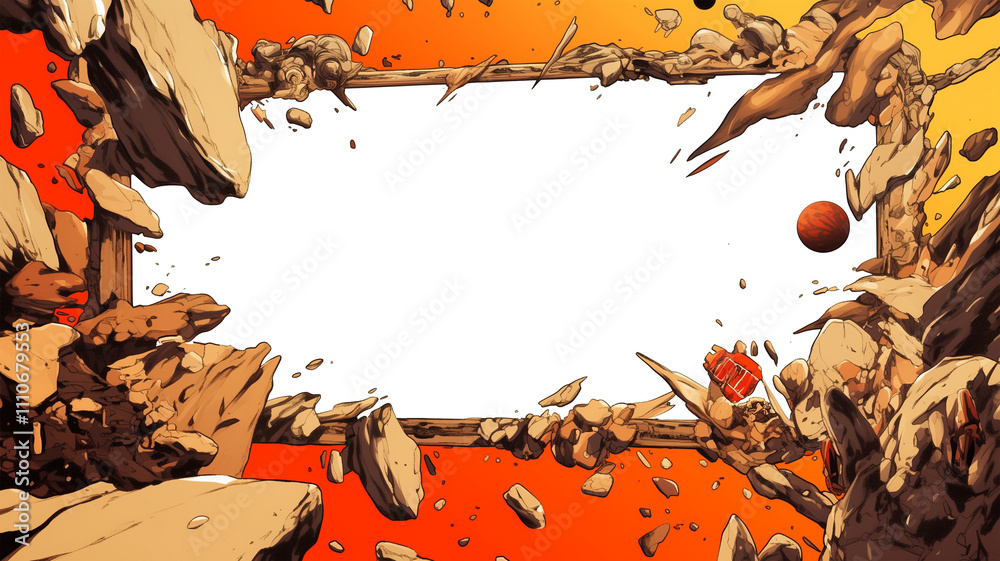 Aufkleber Dynamic manga style frame with rocks and debris exploding outward, creating intense and energetic border. vibrant orange and red background enhances dramatic effect, perfect for action themed