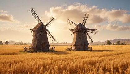 Charming old windmill in a golden wheat field, golden, landscape